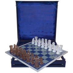 1960s Vintage White and Bronze Color Bohemia Glass Czech Chess Set in Blue Box
