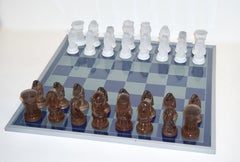1960s Vintage White and Bronze Color Bohemia Glass Czech Chess Set in Blue Box