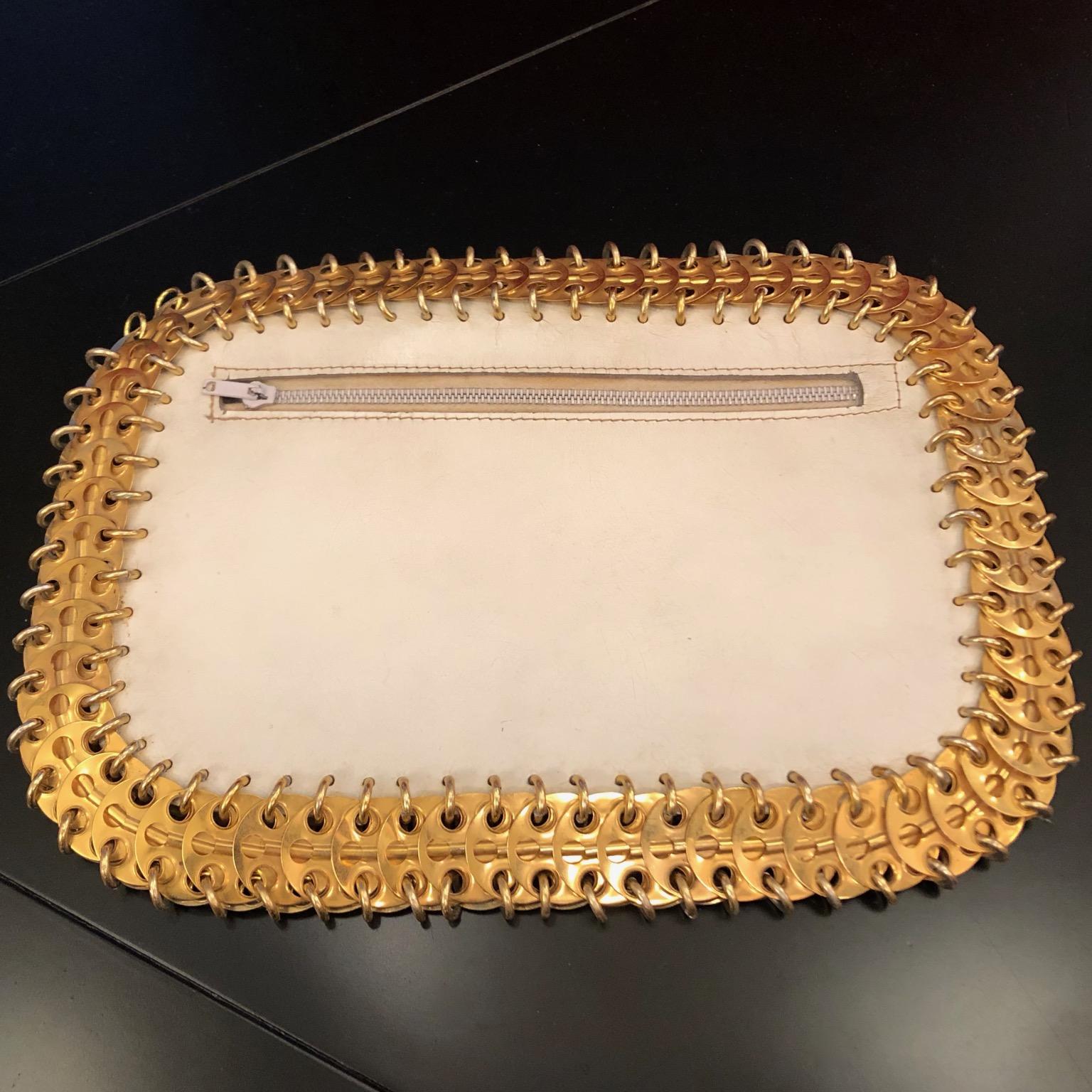Paco Rabanne, 1960s Vintage White Leather & brass Discs clutch bag, Labels For Sale 3