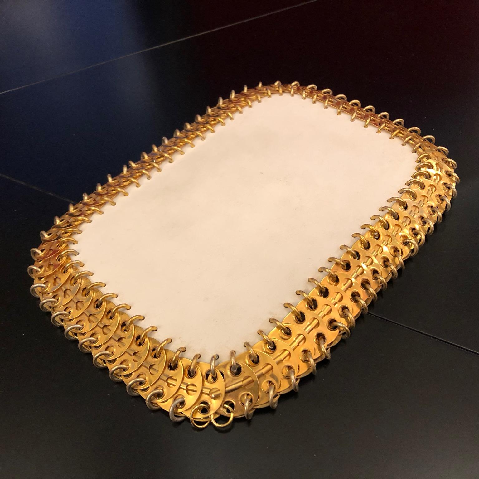 Brass Paco Rabanne, 1960s Vintage White Leather & brass Discs clutch bag, Labels For Sale
