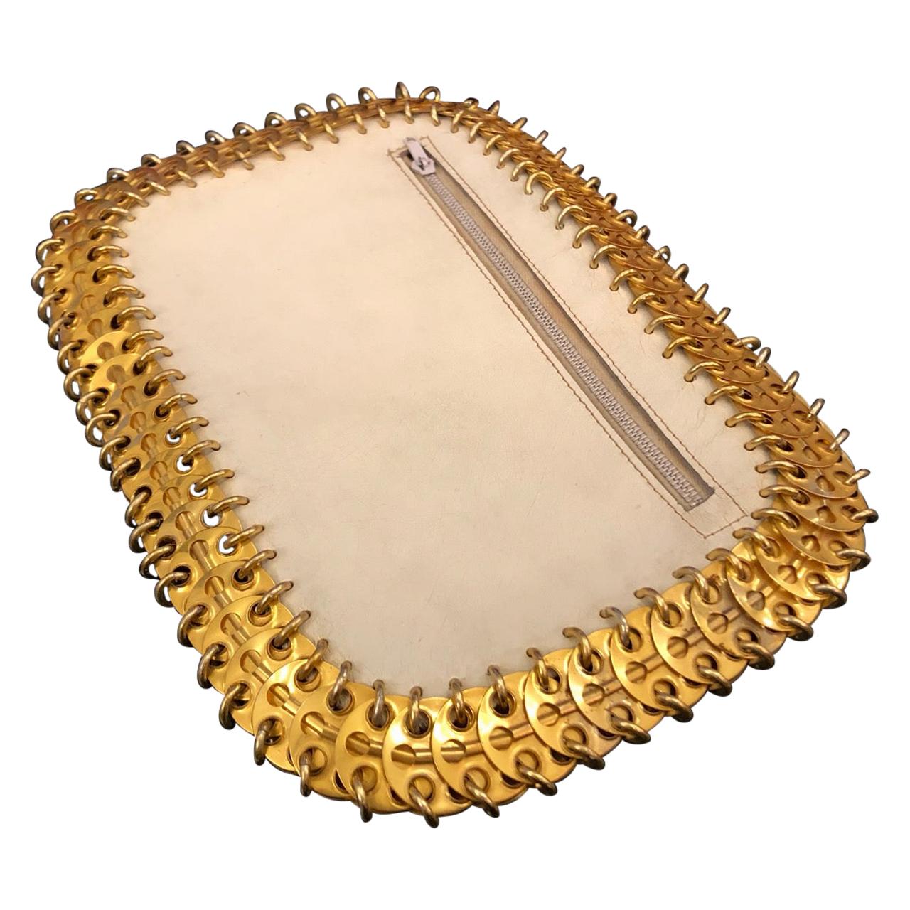 Paco Rabanne, 1960s Vintage White Leather & brass Discs clutch bag, Labels For Sale