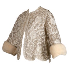 1960s Vintage White Ribbon Jacket with Mink Fur Cuffs