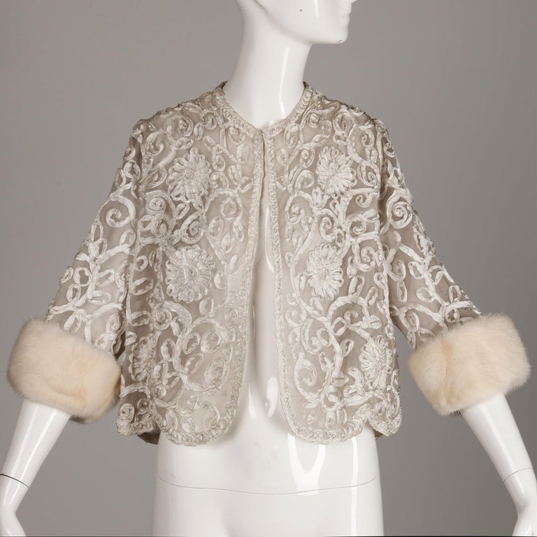 1960s Vintage White Ribbon Jacket with Mink Fur Cuffs For Sale at 1stDibs