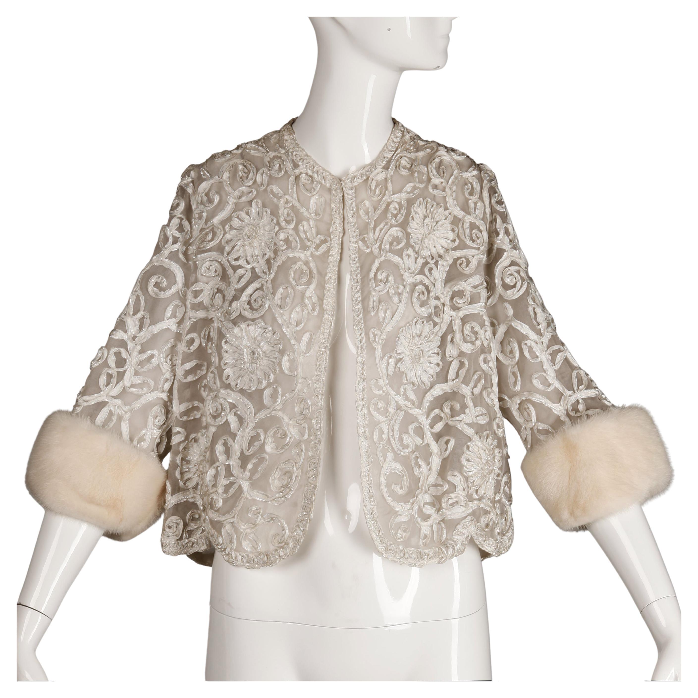1960s Vintage White Ribbon Jacket with Mink Fur Cuffs