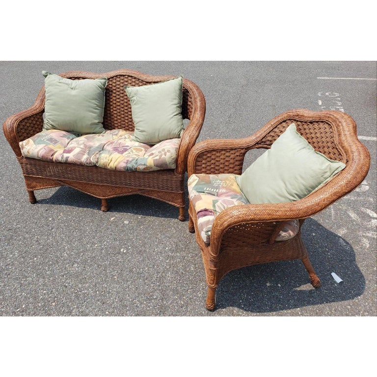 1960s Vintage Wicker Rattan Loveseat and Chair Set in Floral Upholstery