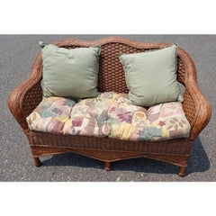 1960s Vintage Wicker Rattan Loveseat and Chair Set in Floral Upholstery, 2 Pieces