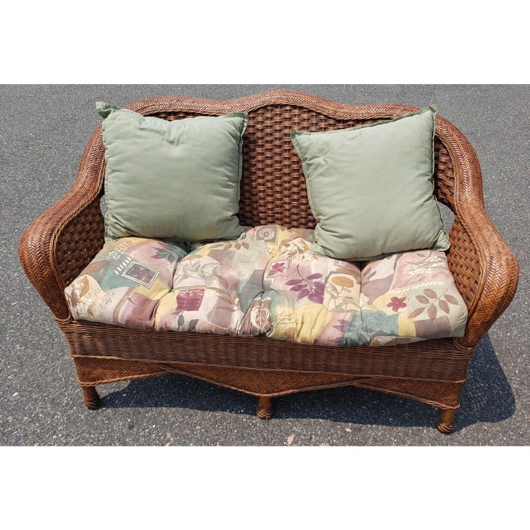 1960s Vintage Wicker Rattan Loveseat and Chair Set in Floral Upholstery