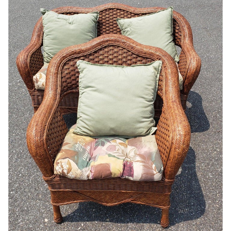 1960s Vintage Wicker Rattan Loveseat and Chair Set in Floral Upholstery