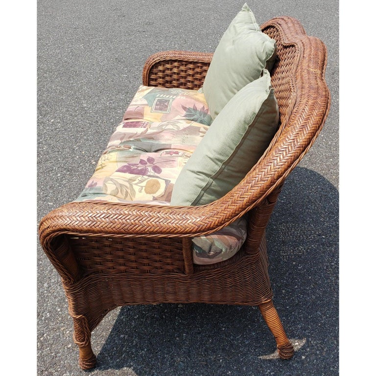 1960s Vintage Wicker Rattan Loveseat and Chair Set in Floral Upholstery