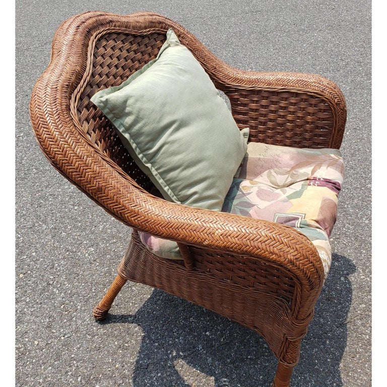 1960s Vintage Wicker Rattan Loveseat and Chair Set in Floral Upholstery