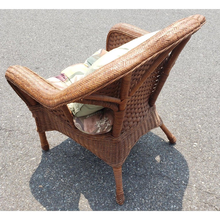 1960s Vintage Wicker Rattan Loveseat and Chair Set in Floral Upholstery