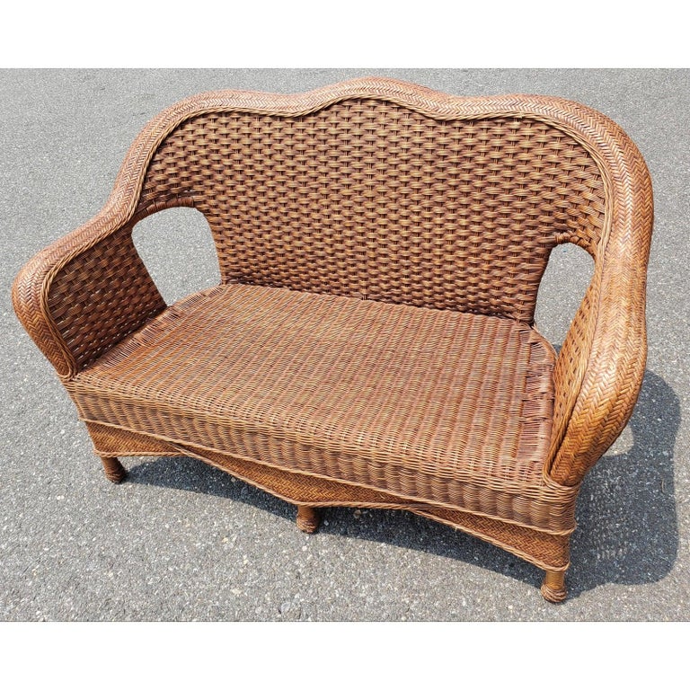 1960s Vintage Wicker Rattan Loveseat and Chair Set in Floral Upholstery