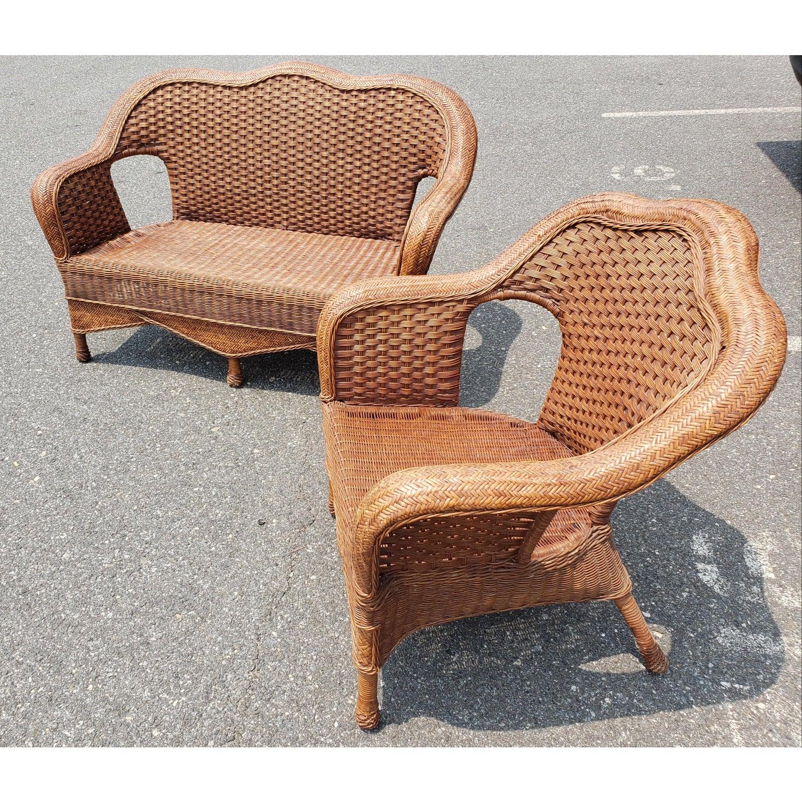 Hand-Crafted 1960s Vintage Wicker Rattan Loveseat and Chair Set in Floral Upholstery, 2 Pieces