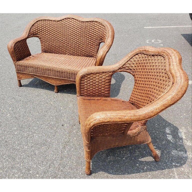 1960s Vintage Wicker Rattan Loveseat and Chair Set in Floral Upholstery