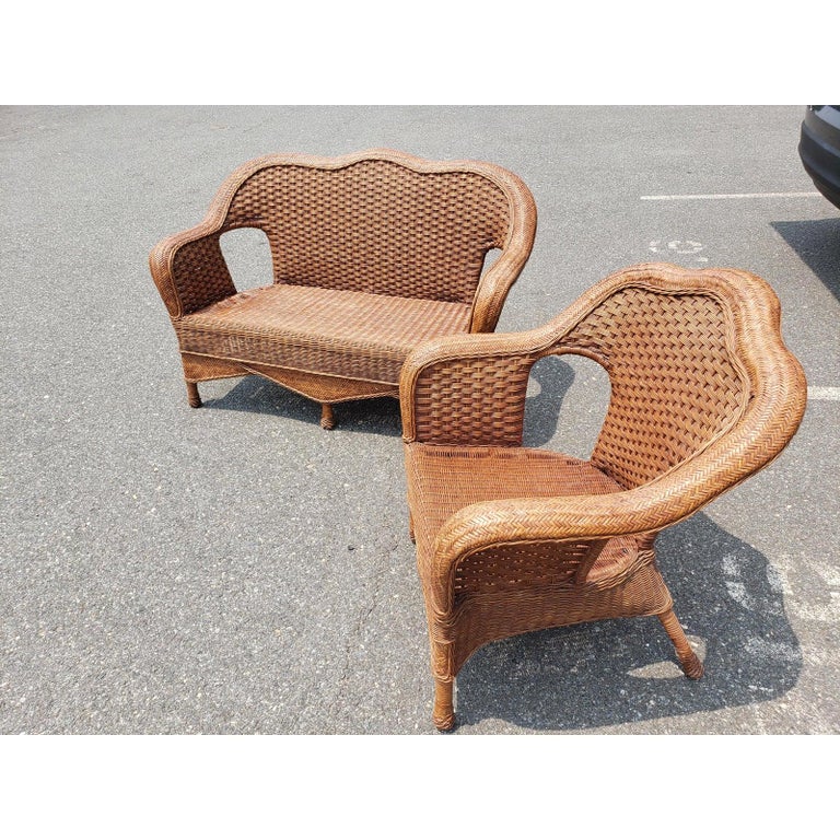 1960s Vintage Wicker Rattan Loveseat and Chair Set in Floral Upholstery