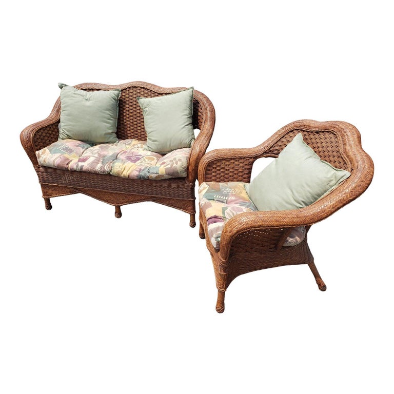 1960s Vintage Wicker Rattan Loveseat and Chair Set in Floral Upholstery