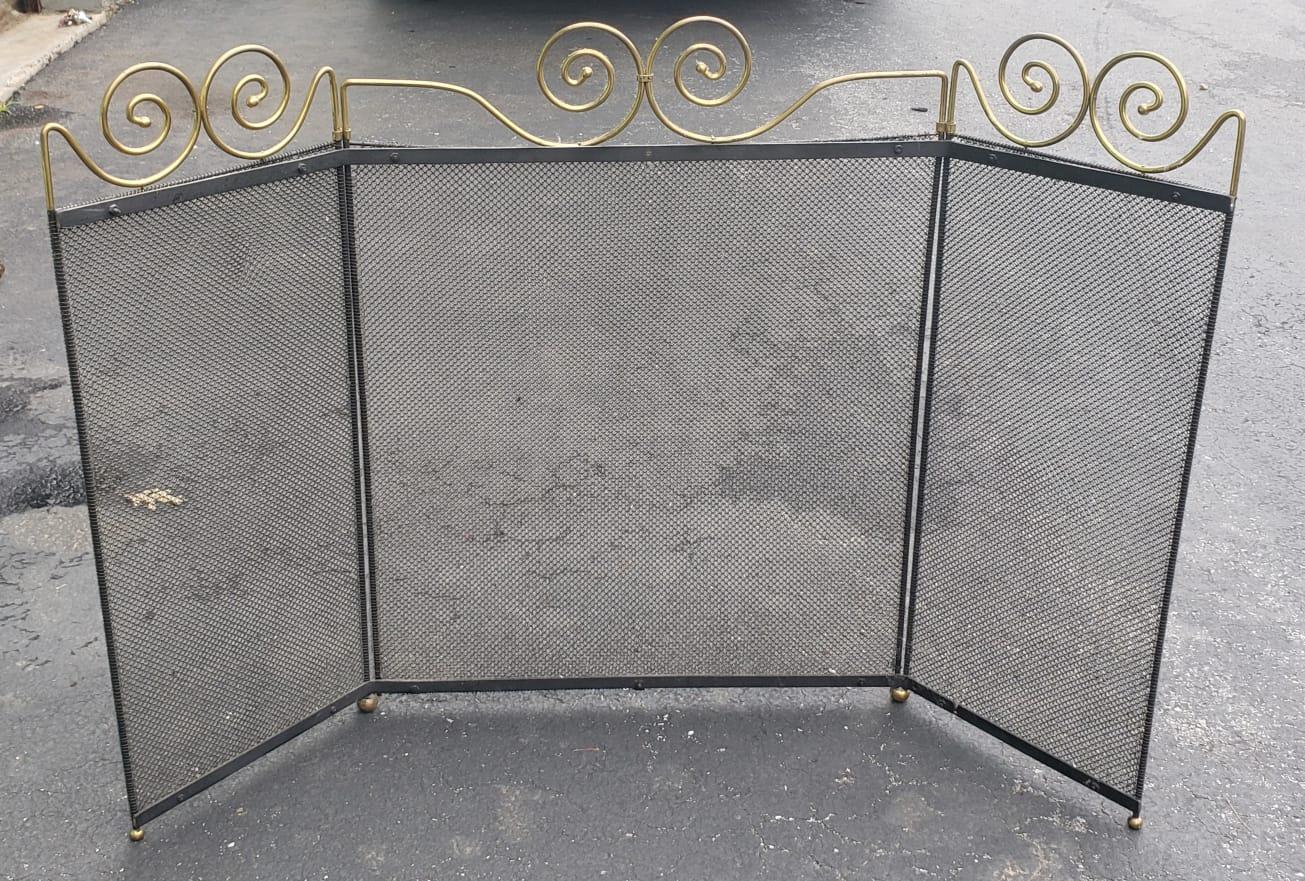 1960s Vintage Wire Mesh and Brass Ornate Fireplace Screen In Good Condition For Sale In Germantown, MD