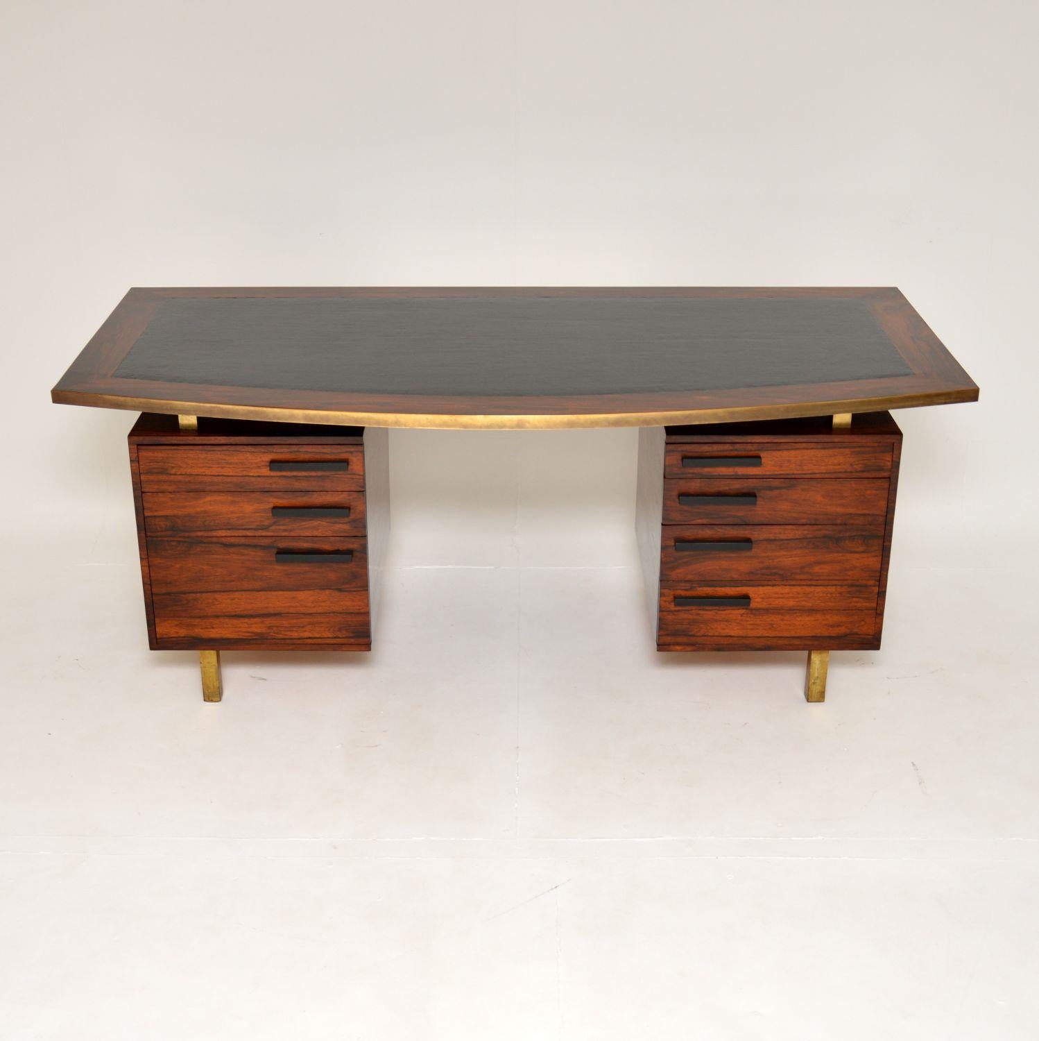 Mid-Century Modern 1960's Vintage Wood, Brass & Leather Desk