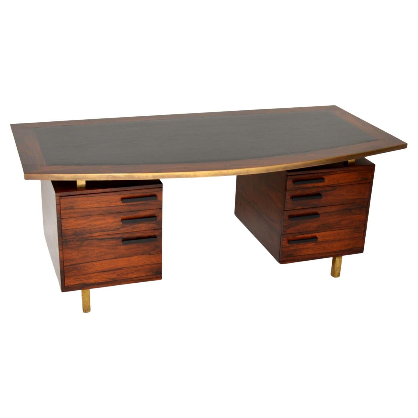 1960's Vintage Wood, Brass & Leather Desk