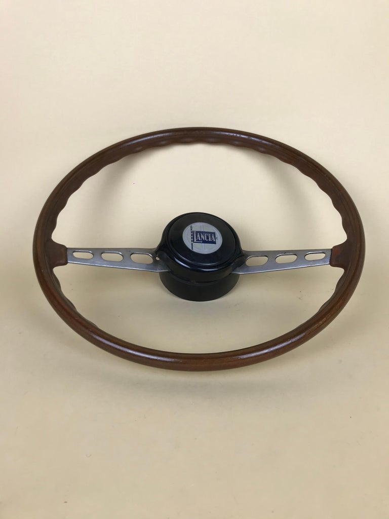 1960s Vintage Wooden and Metal Lancia Steering Wheel Made in Italy For