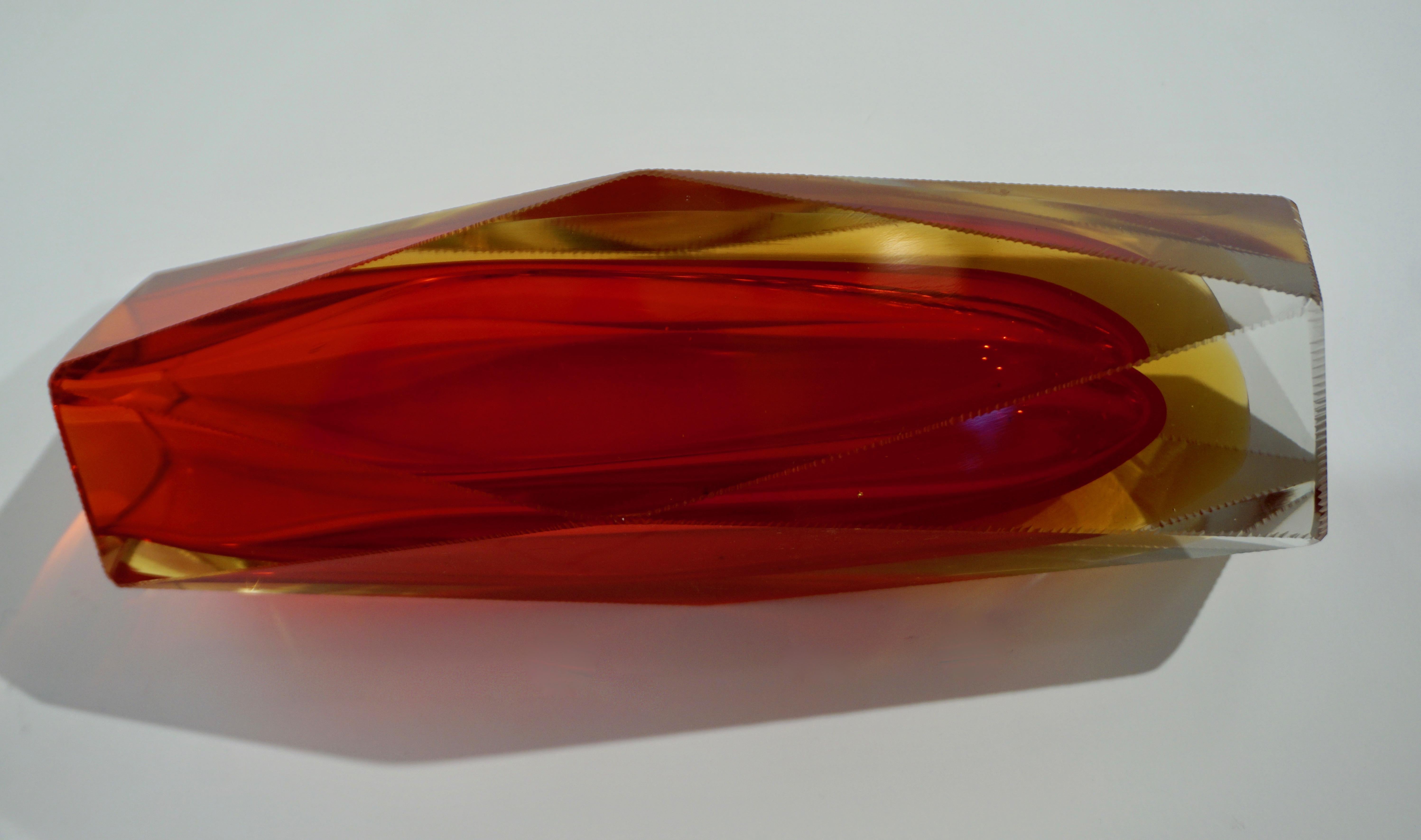 1950s Italian Vintage Seguso Yellow Red Crystal Murano Glass Multi Faceted Vase 3