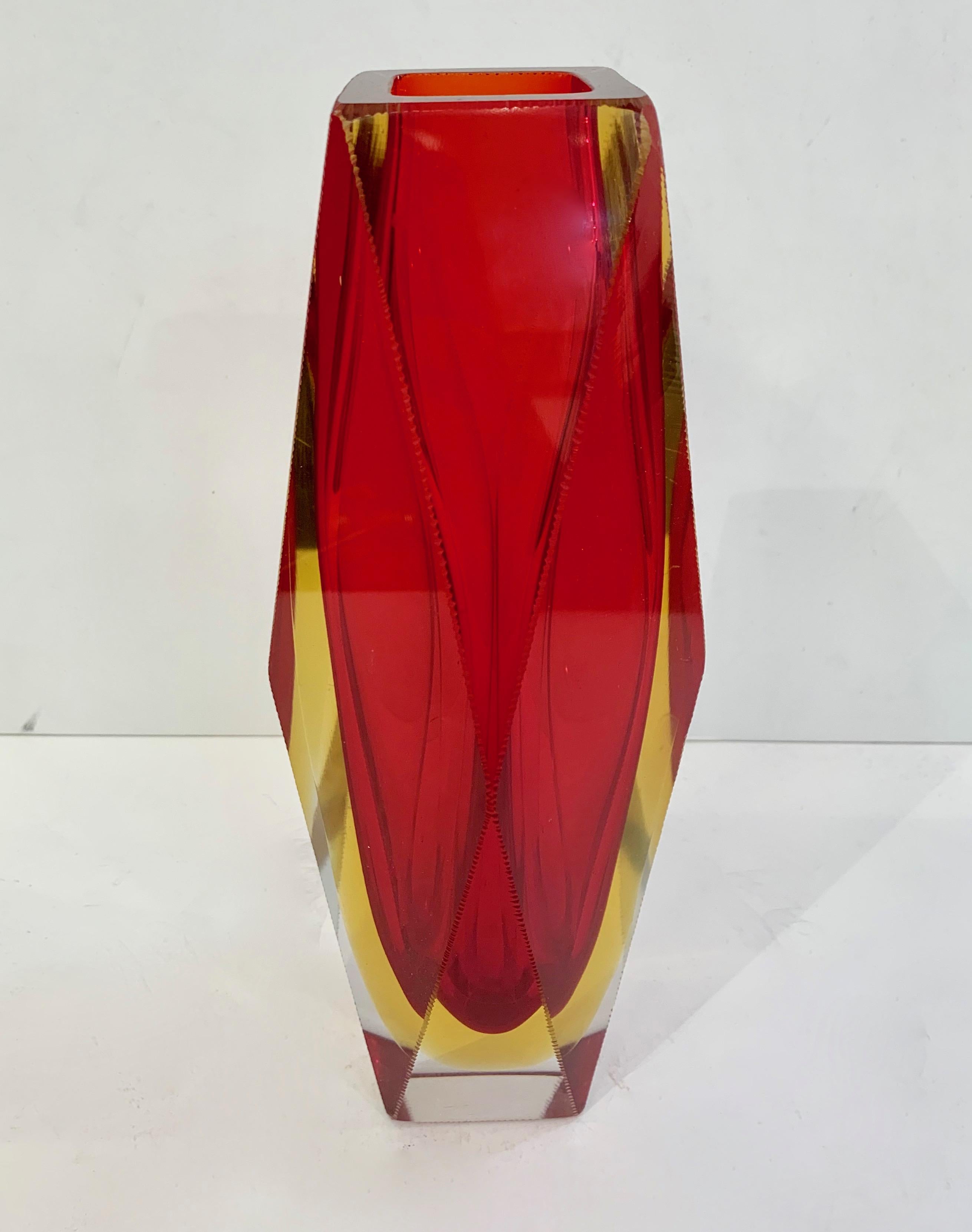 1950s Italian Vintage Seguso Yellow Red Crystal Murano Glass Multi Faceted Vase 6