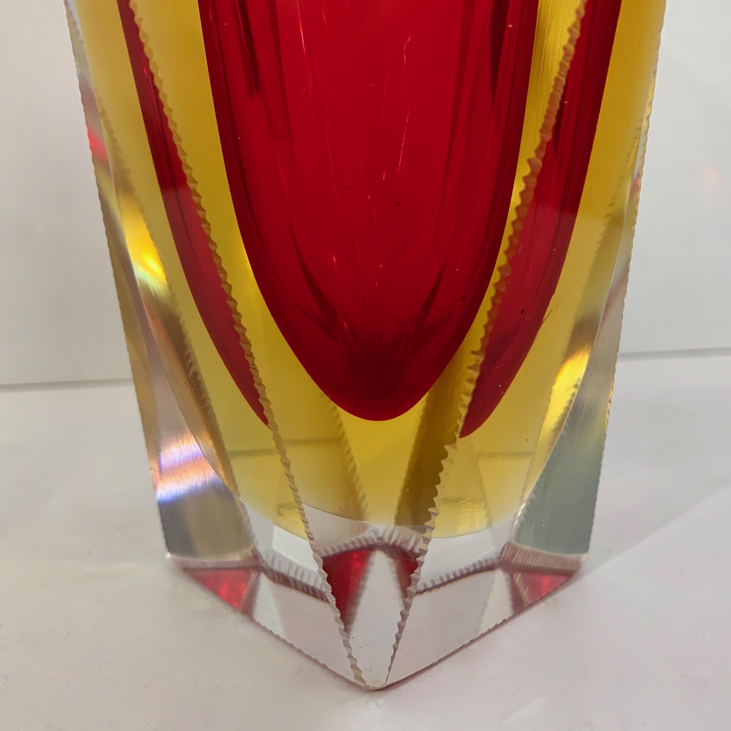 Mid-Century Modern 1950s Italian Vintage Seguso Yellow Red Crystal Murano Glass Multi Faceted Vase