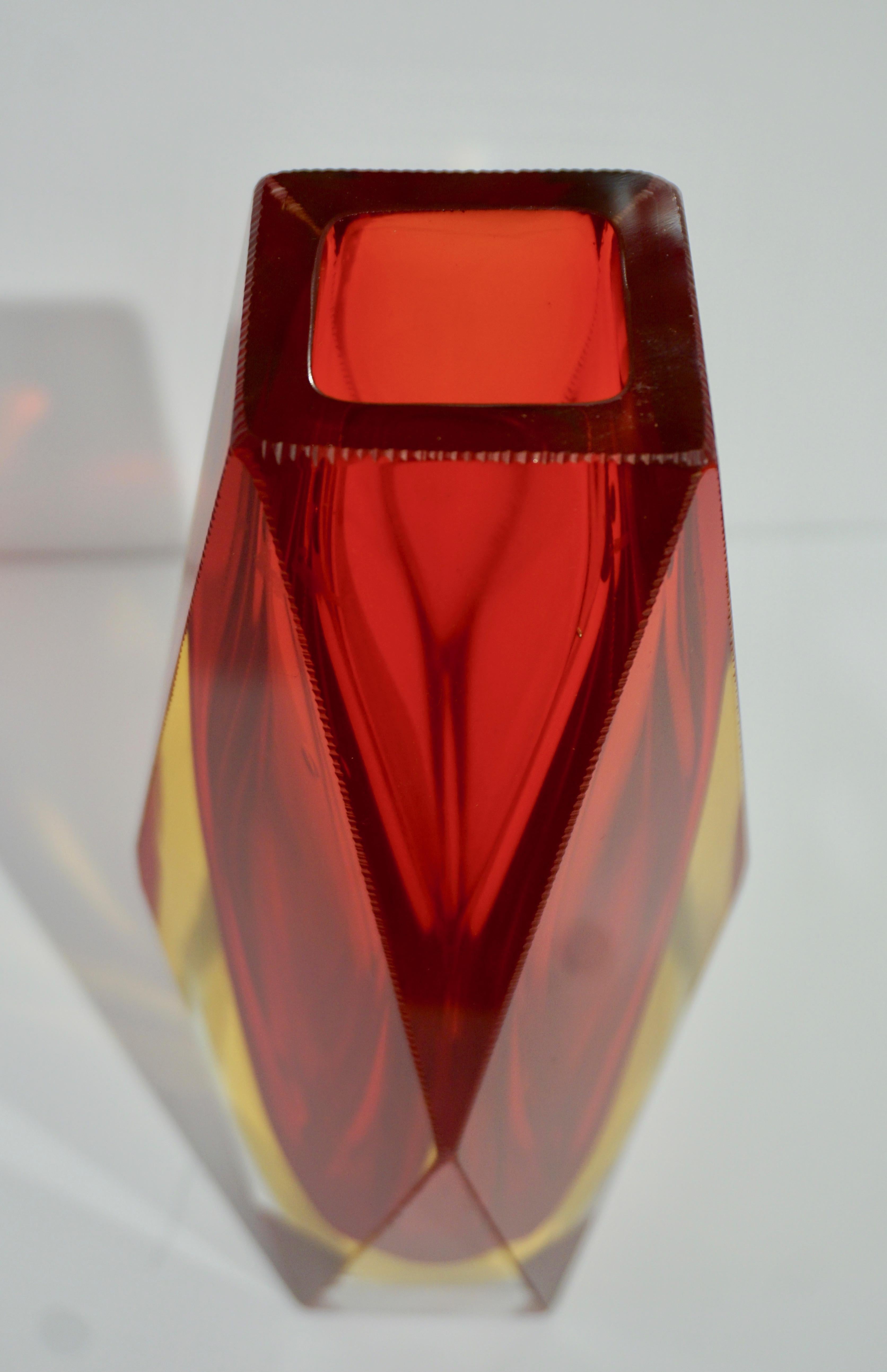 Etched 1950s Italian Vintage Seguso Yellow Red Crystal Murano Glass Multi Faceted Vase