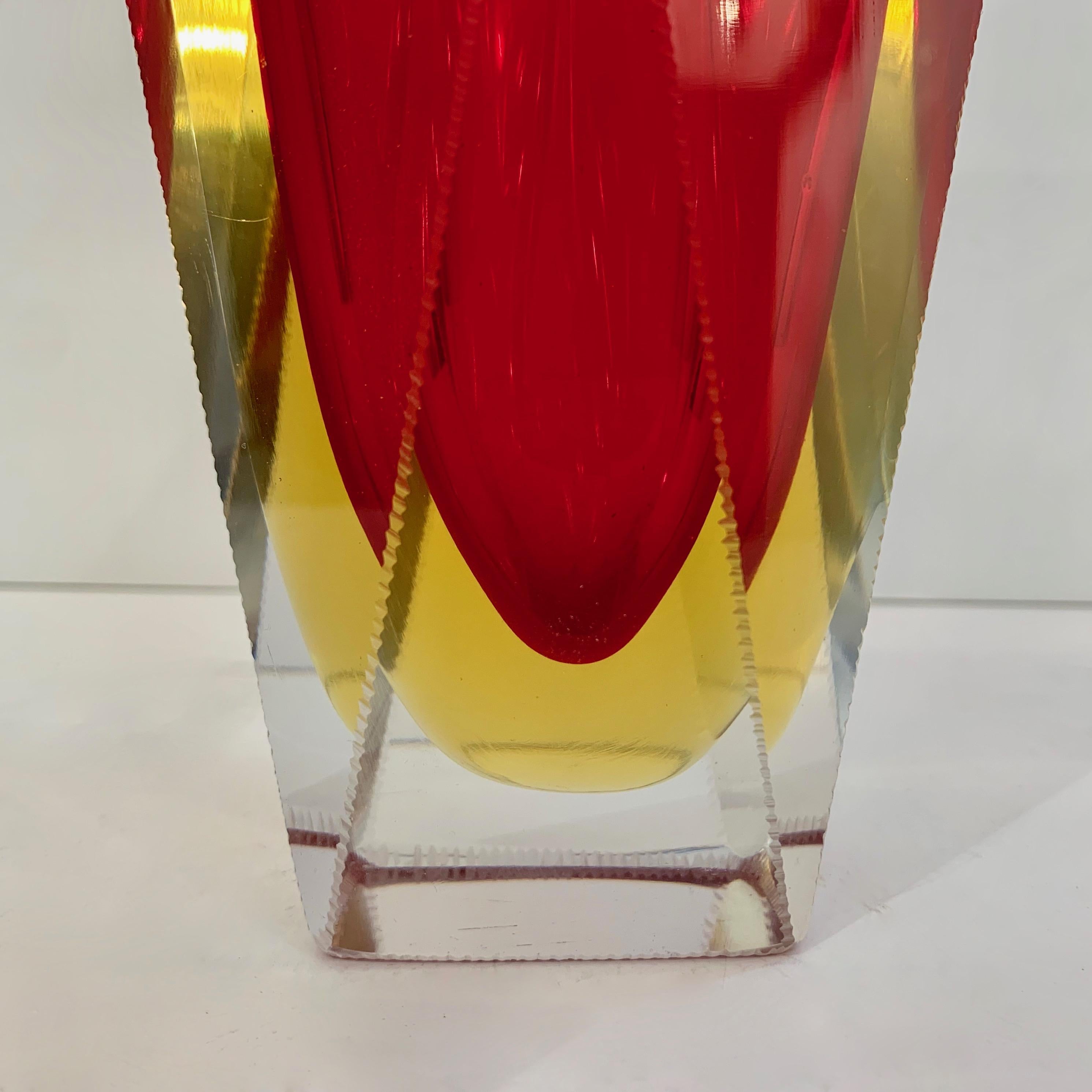 1950s Italian Vintage Seguso Yellow Red Crystal Murano Glass Multi Faceted Vase 4