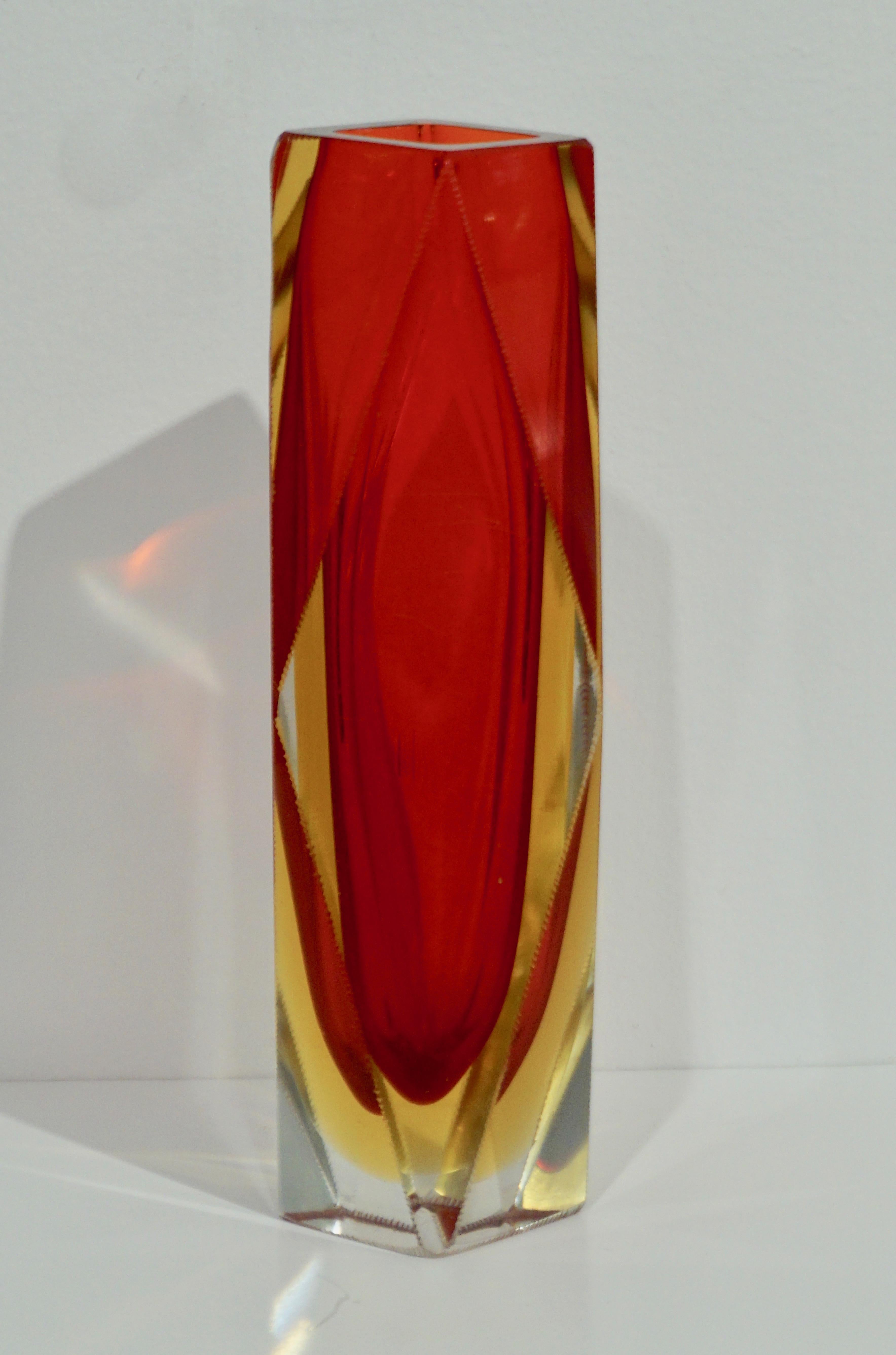 Mid-20th Century 1950s Italian Vintage Seguso Yellow Red Crystal Murano Glass Multi Faceted Vase