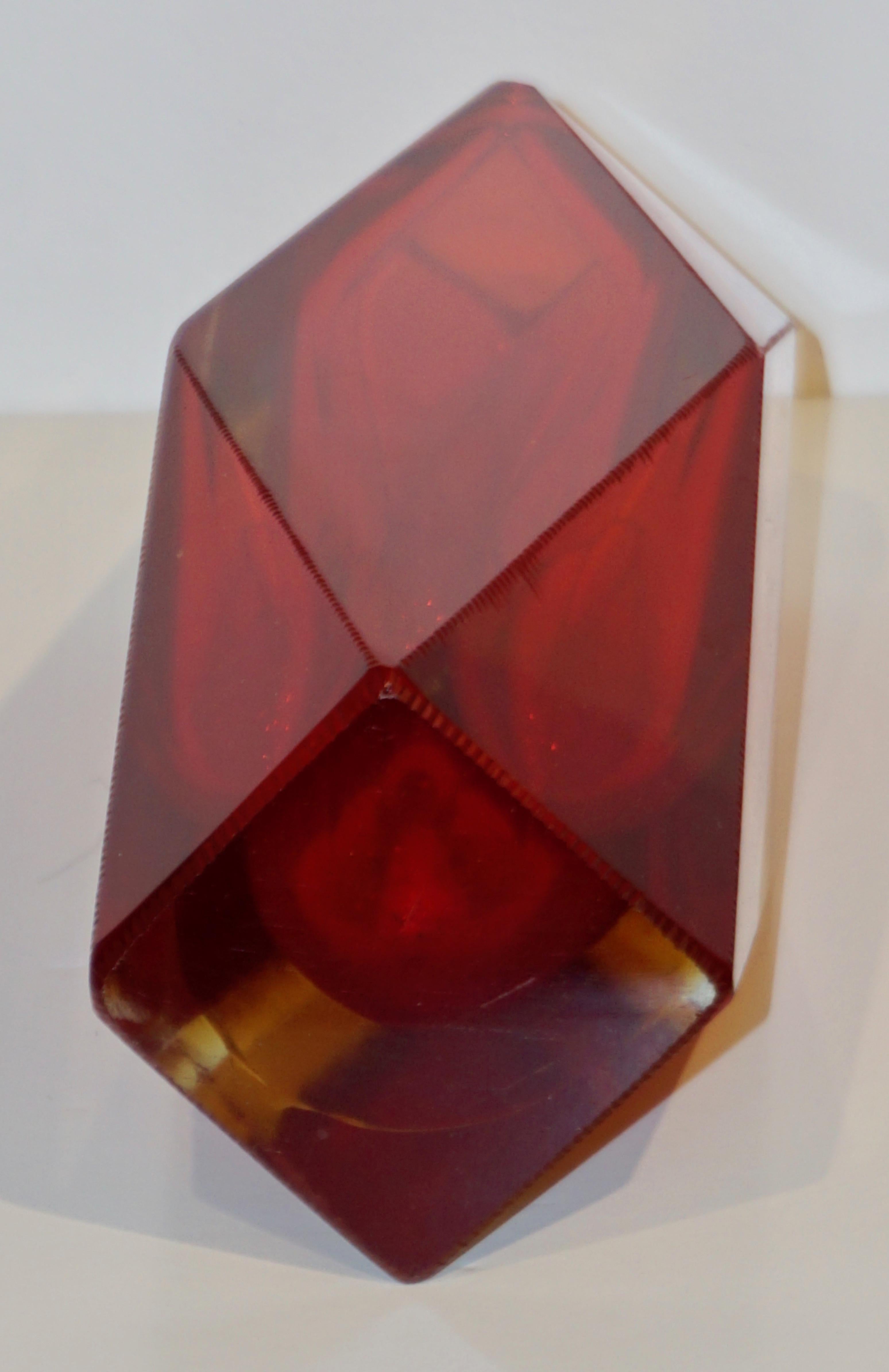 Sommerso 1950s Italian Vintage Seguso Yellow Red Crystal Murano Glass Multi Faceted Vase