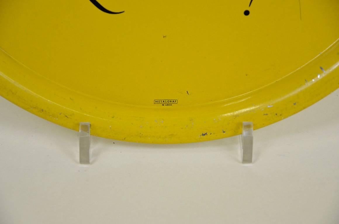 Mid-Century Modern 1960s Vintage Yellow Round Tin Bar Tray Wührer Made in Italy