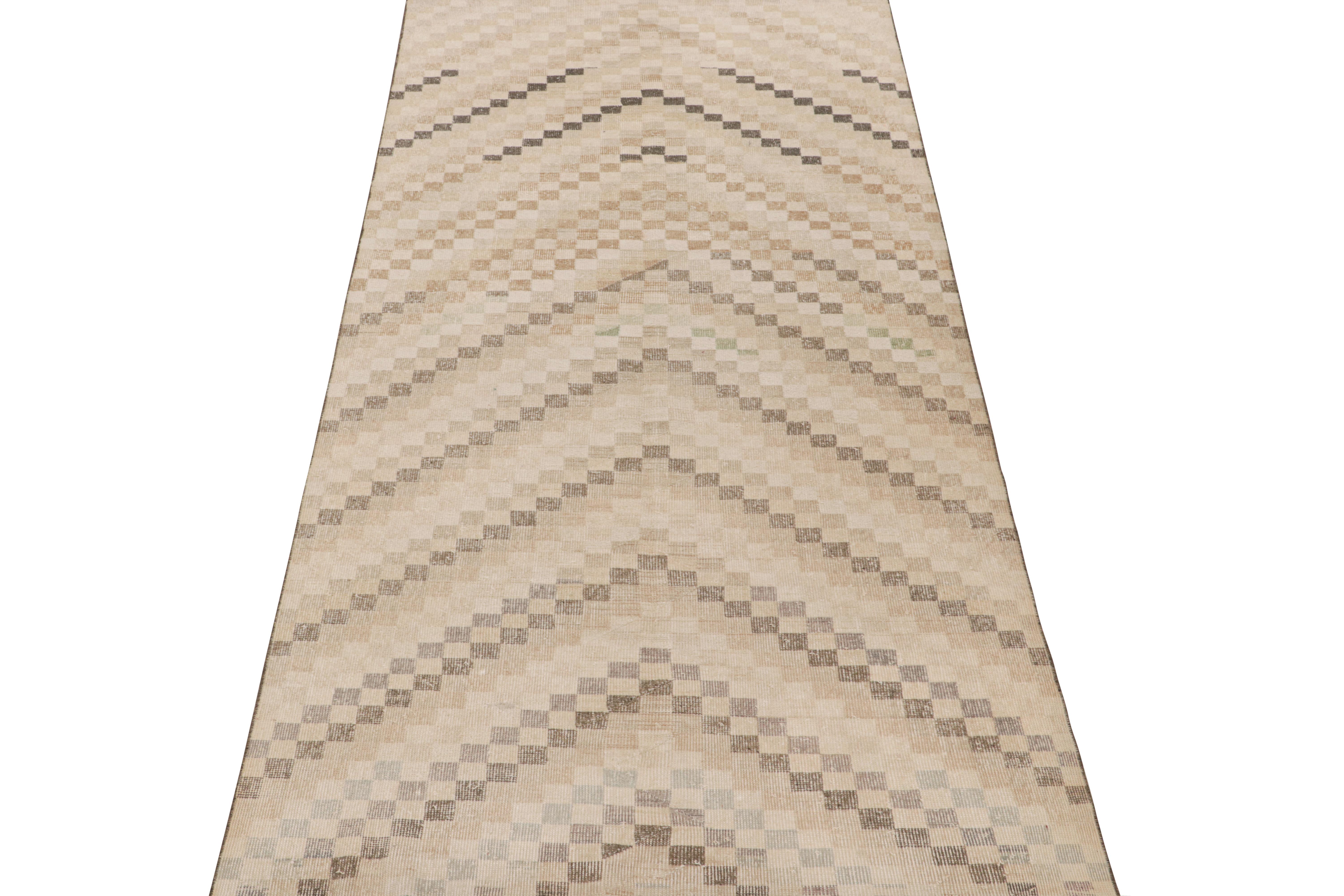 Hand-Knotted Vintage Zeki Müren Rug in Beige-Brown Geometric Patterns by Rug & Kilim