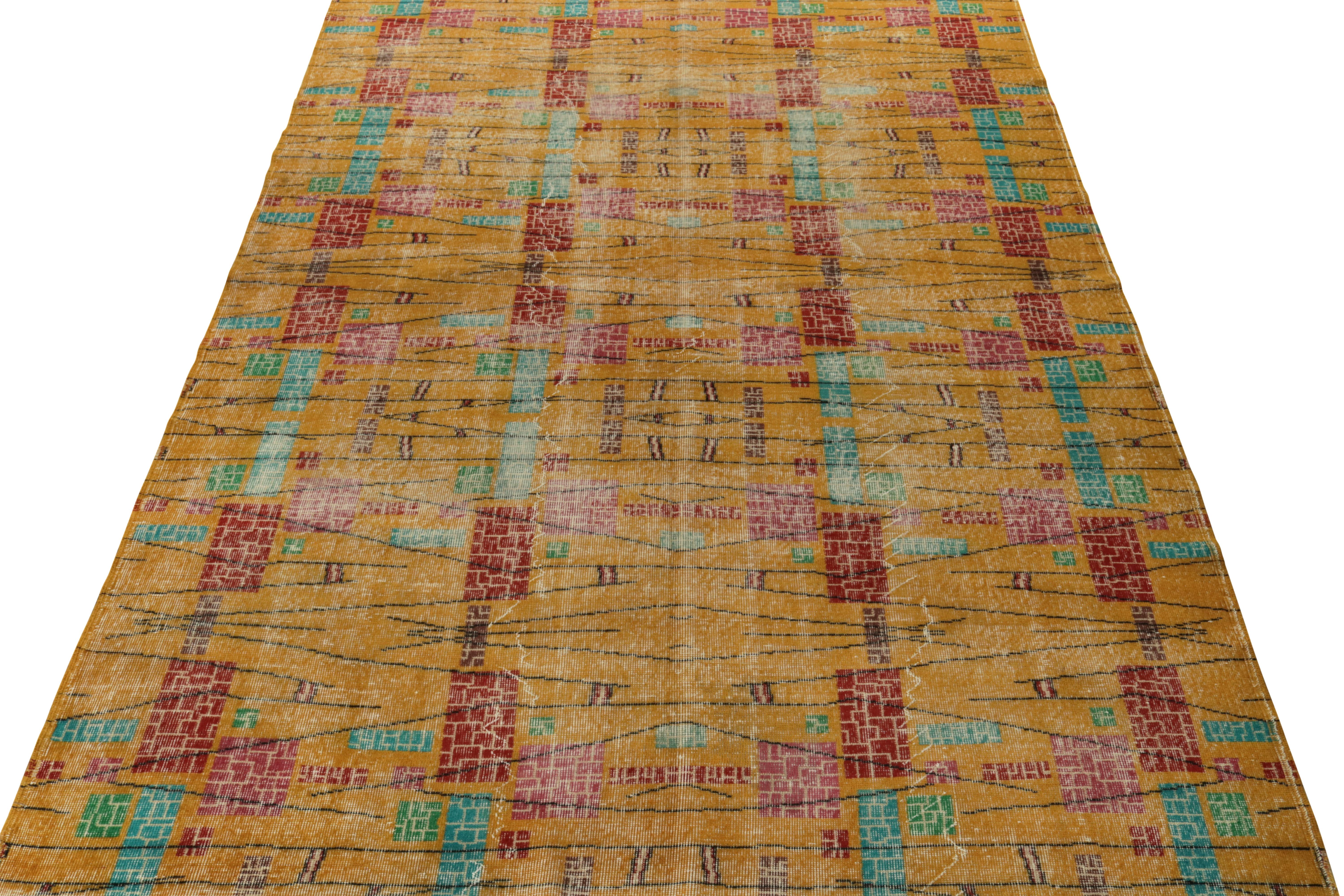 Hand-knotted in wool, a 7x11 vintage distressed rug from the celebrated artist Zeki Muren with mid-century modern and art deco inspirationsone of his latest pieces to join Rug & Kilim’s commemorative Mid-Century Pasha Collection. Through this piece,