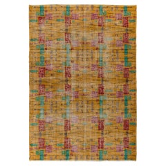 1960s Vintage Zeki Müren Rug in in Gold, Red, Geometric Pattern by Rug & Kilim