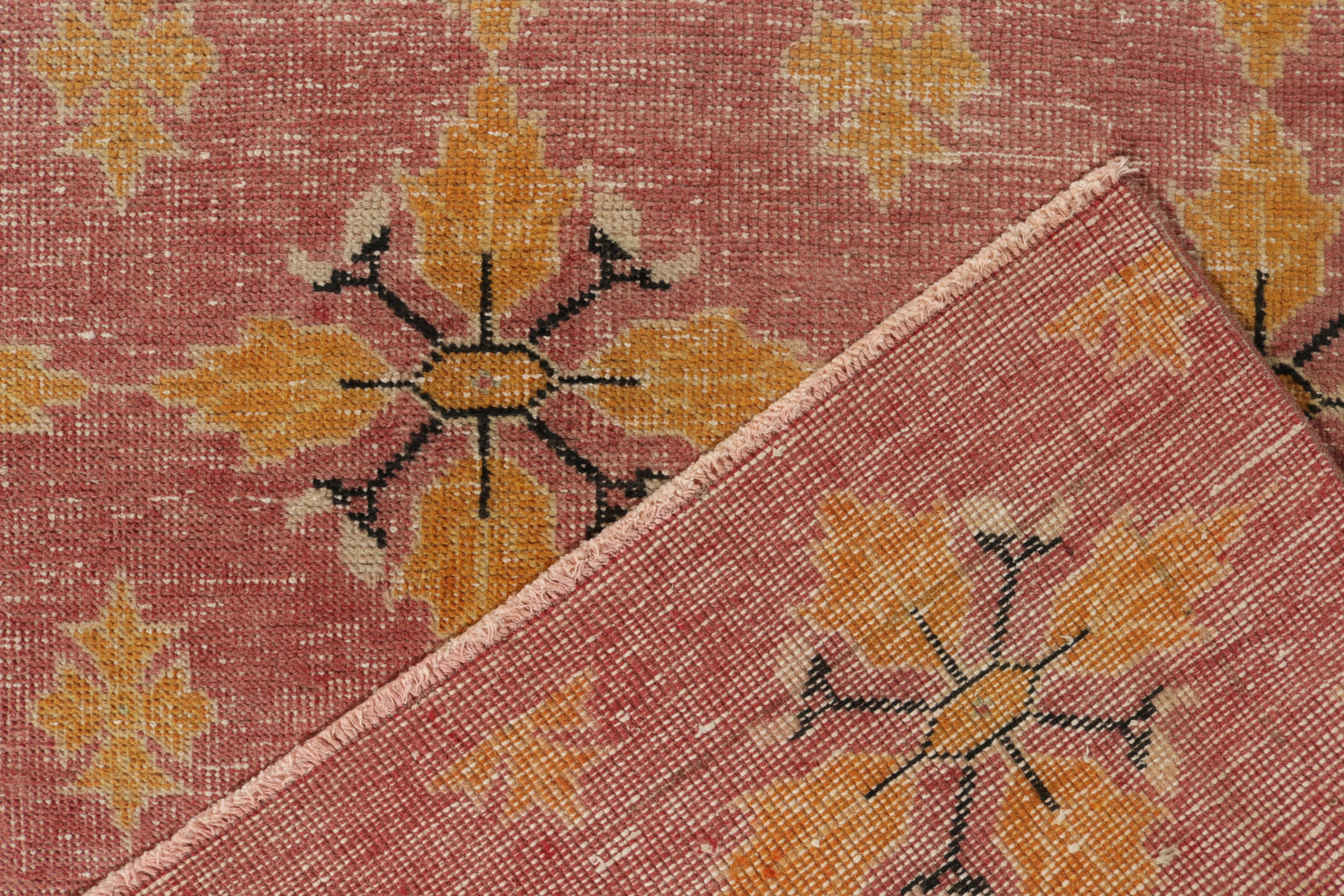 Hand-Knotted 1960s Vintage Zeki Müren Rug in Pink, Gold Geometric Pattern by Rug & Kilim For Sale