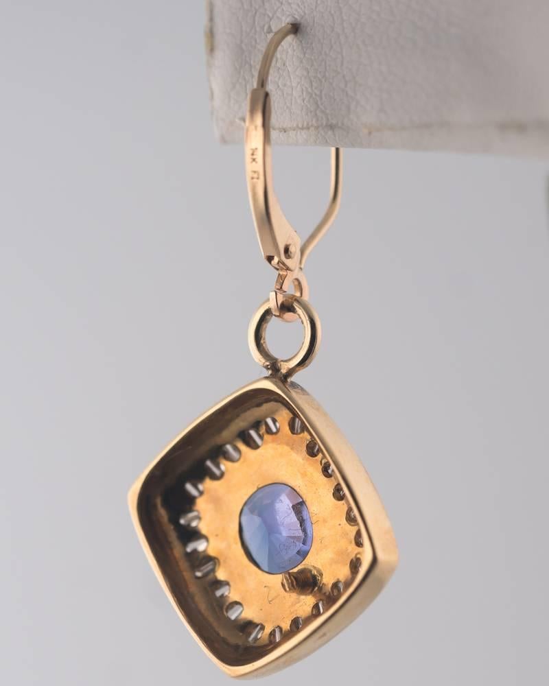 1960s Violet Blue Tanzanite, Diamond and 14 Karat Yellow Gold Drop Earrings In Good Condition In Hicksville, NY