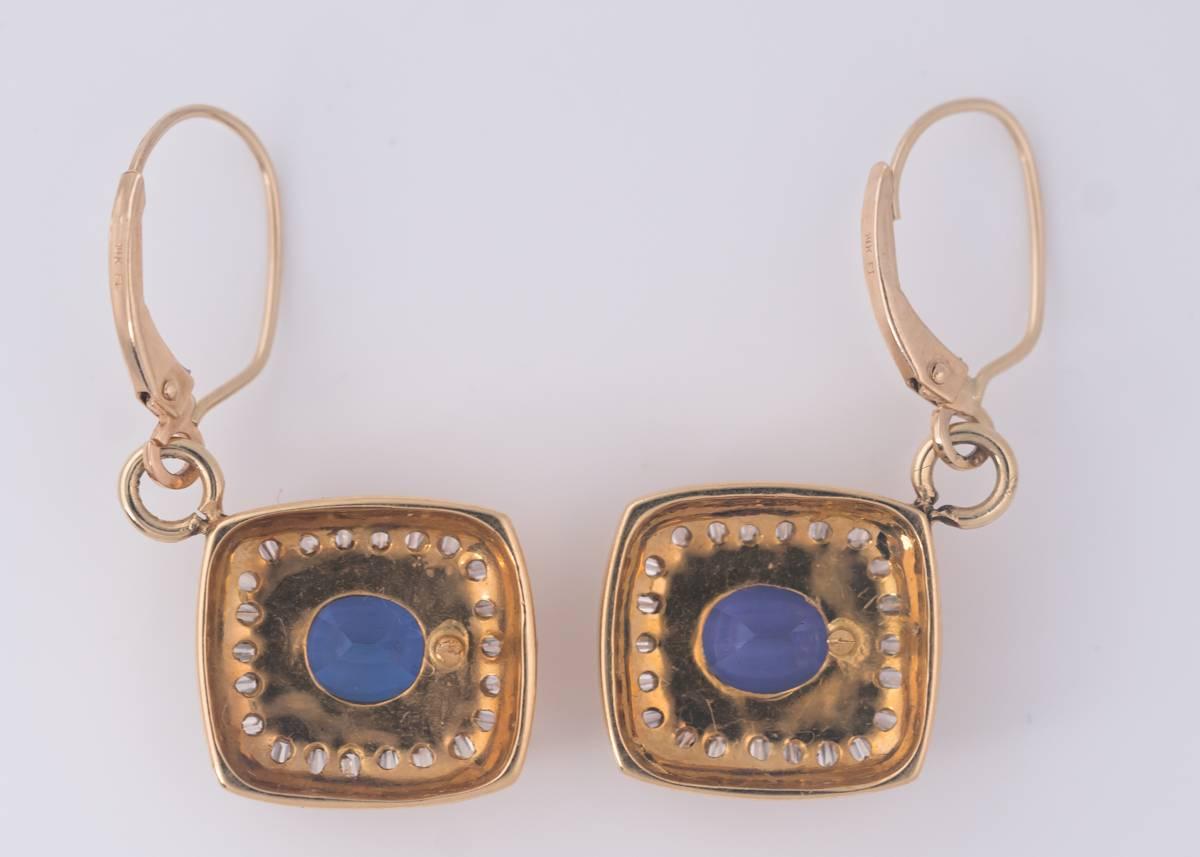 1960s Violet Blue Tanzanite, Diamond and 14 Karat Yellow Gold Drop Earrings 3