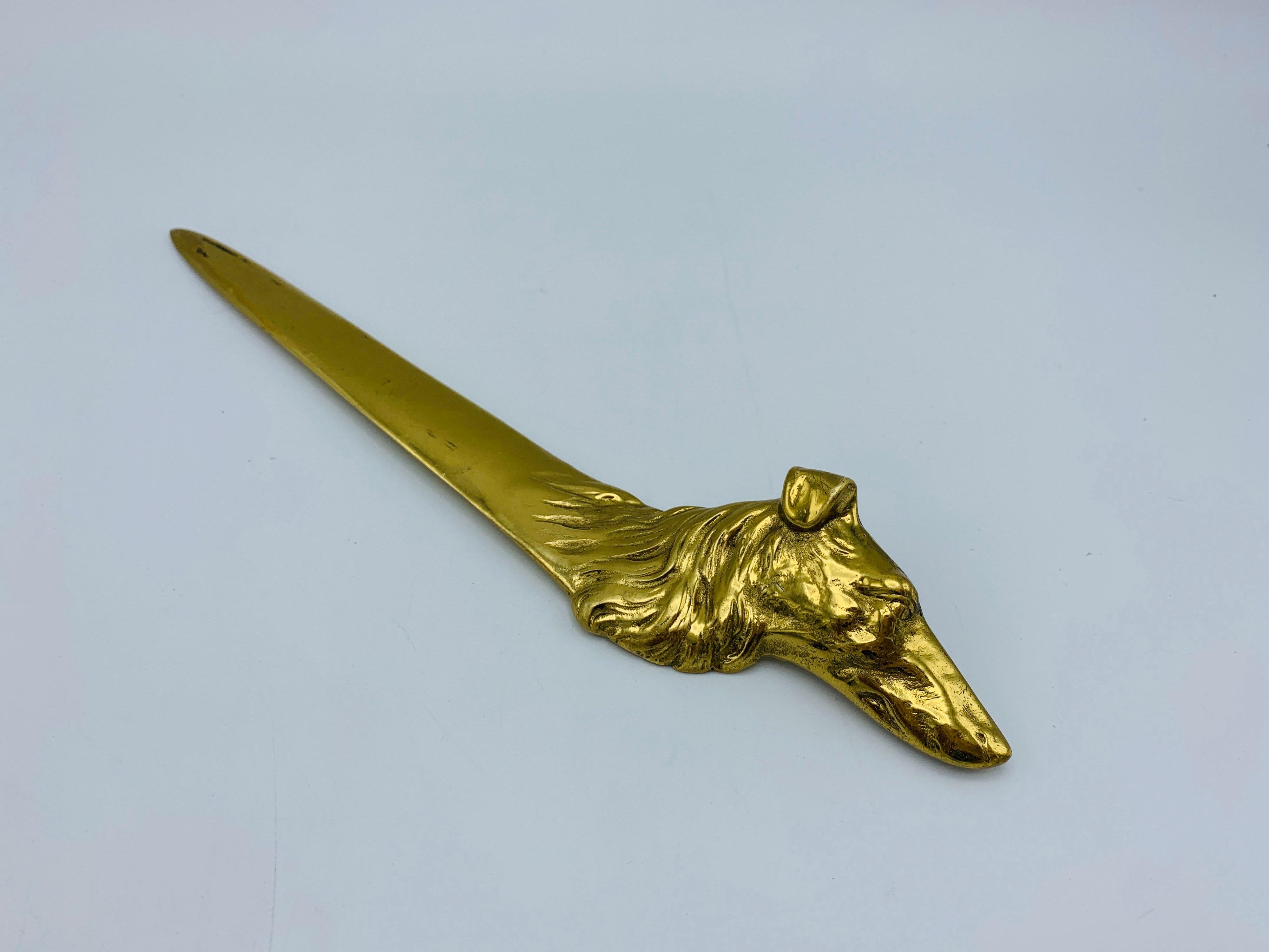 Listed is a gorgeous, 1960s Virginia Metalcrafters solid-brass letter opener. The pieces handle is a dimensional Collie canine sculpture. Heavy, weighing .7lbs. Marked on the backside with Virginia Metalcrafters signature “VMC” stamp.

“Since 1890,