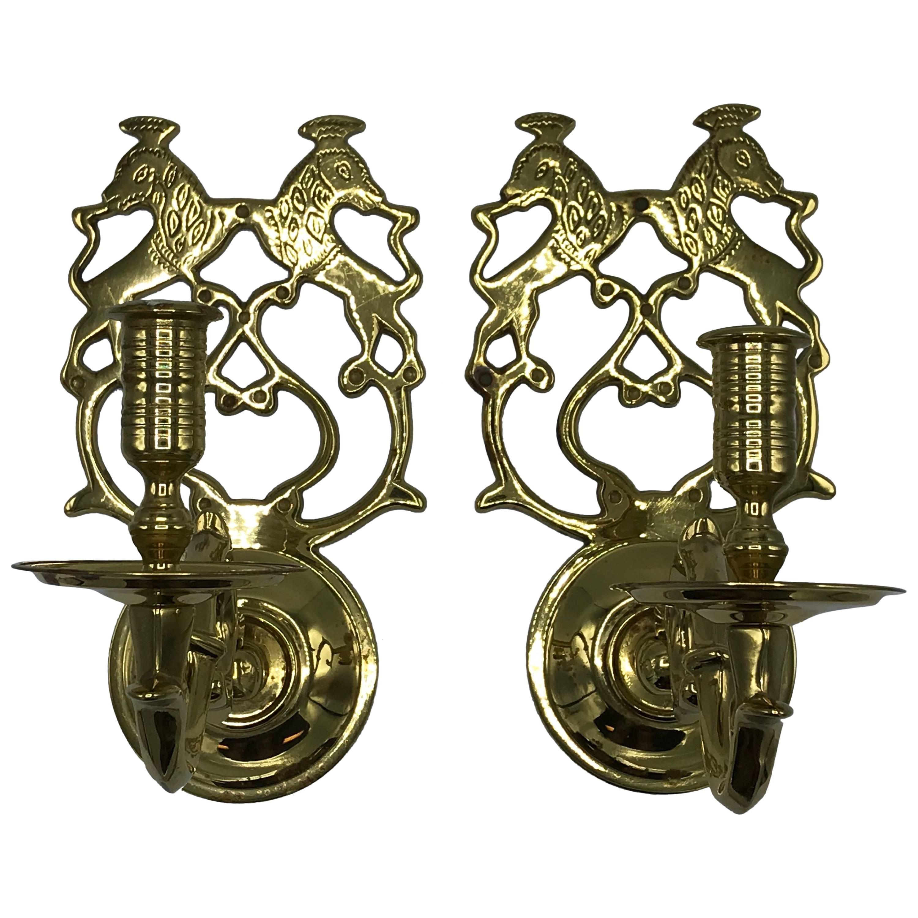 1960s Virginia Metalcrafters Single-Arm Candle Sconces with Crest Motif, Pair