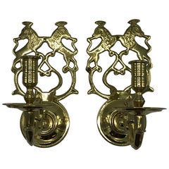 Vintage 1960s Virginia Metalcrafters Single-Arm Candle Sconces with Crest Motif, Pair