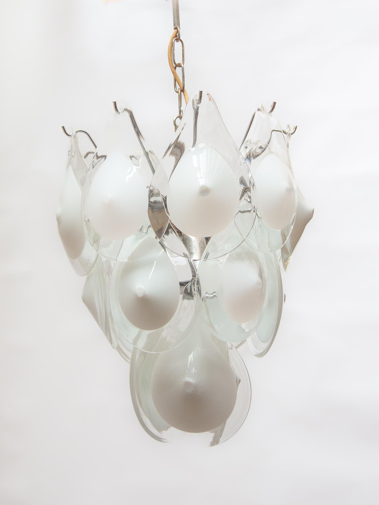 Hand-Crafted 1960s Vistosi Opal Glass Chandelier Rare Murano Lighting, italy  For Sale