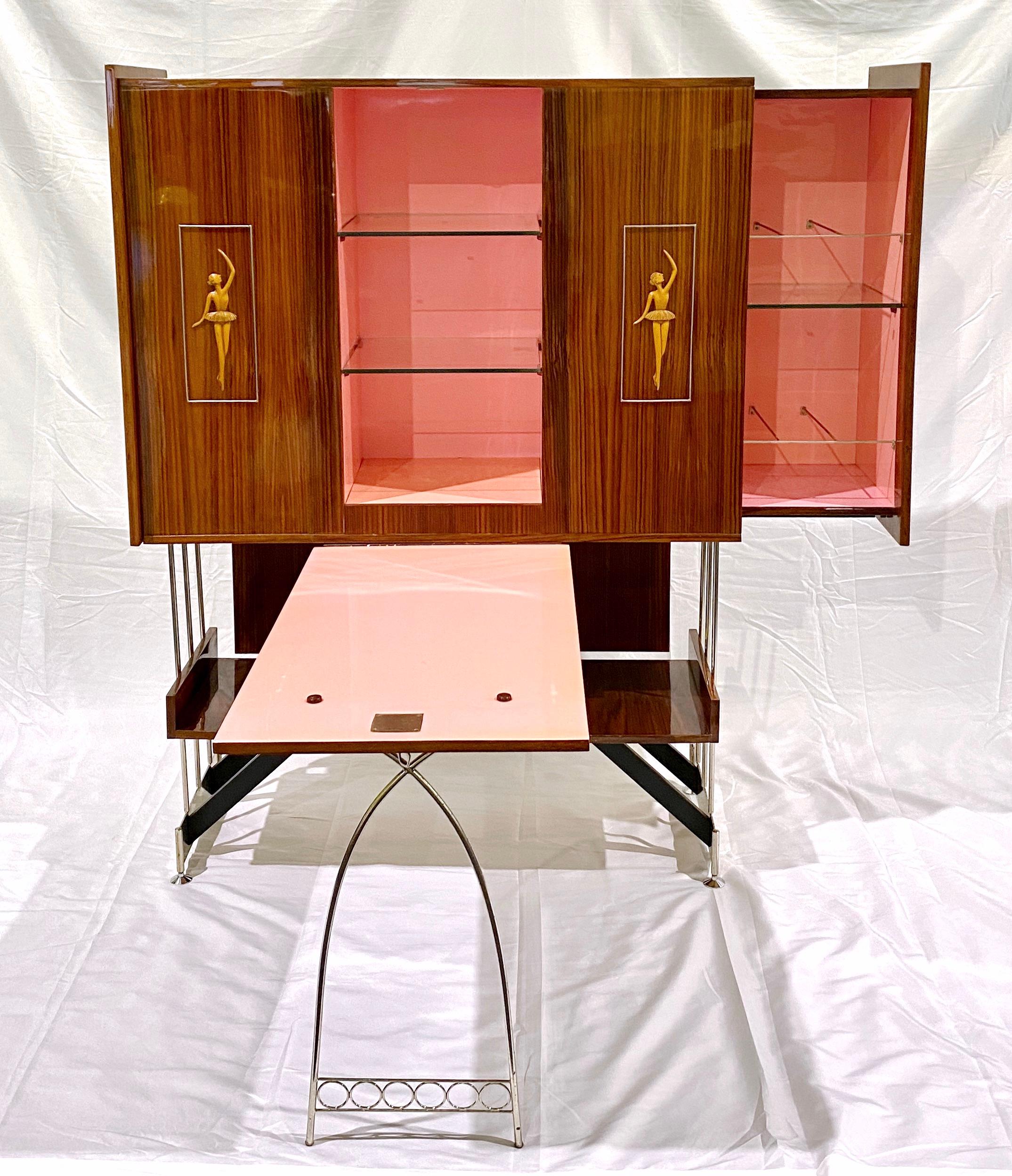 1960s Vittorio Dassi Italian Bar Cabinet with Drop Down Table and Pink Interior For Sale 8