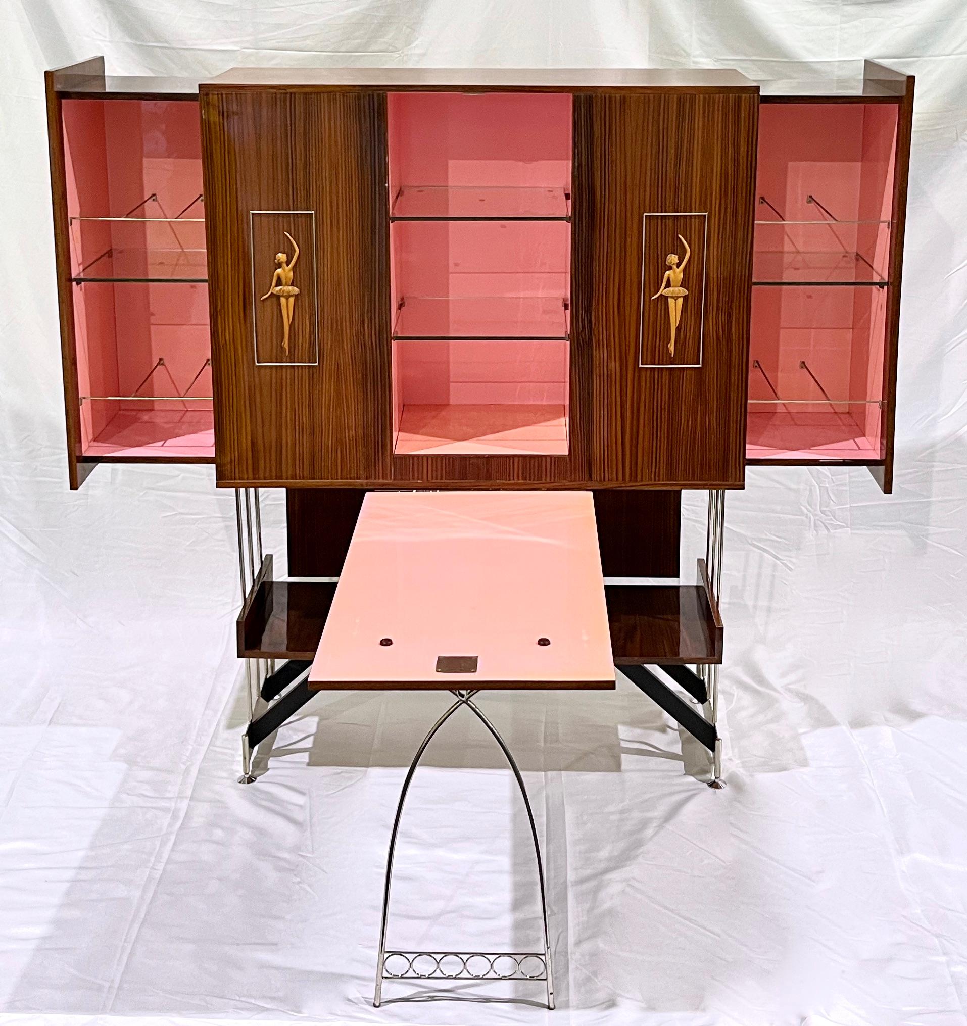 1960s Vittorio Dassi Italian Bar Cabinet with Drop Down Table and Pink Interior For Sale 9
