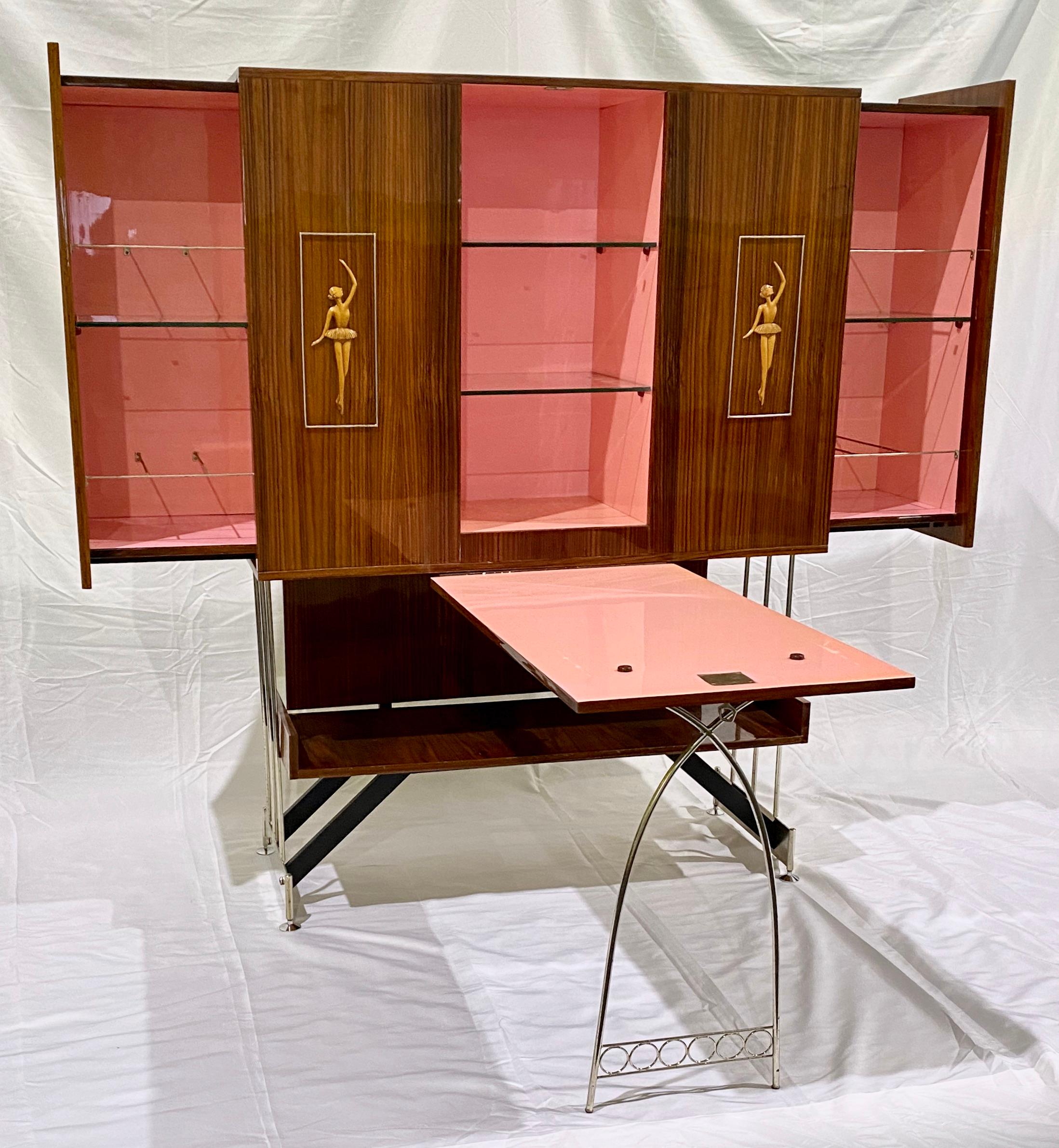 Nickel 1960s Vittorio Dassi Italian Bar Cabinet with Drop Down Table and Pink Interior For Sale
