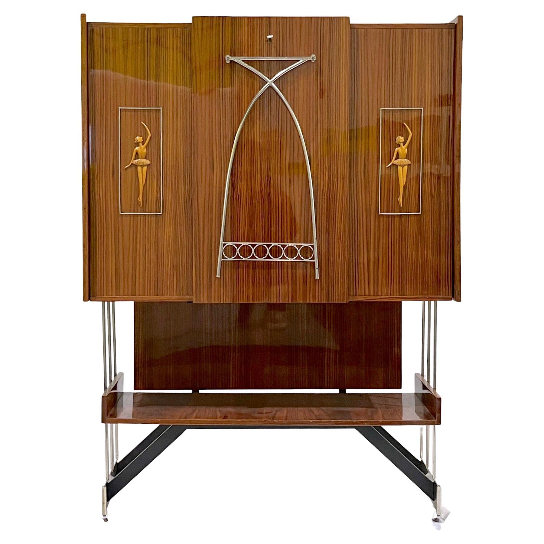 1960s Vittorio Dassi Italian Bar Cabinet with Drop Down Table and Pink Interior For Sale