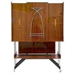 1960s Vittorio Dassi Italian Bar Cabinet with Drop Down Table and Pink Interior