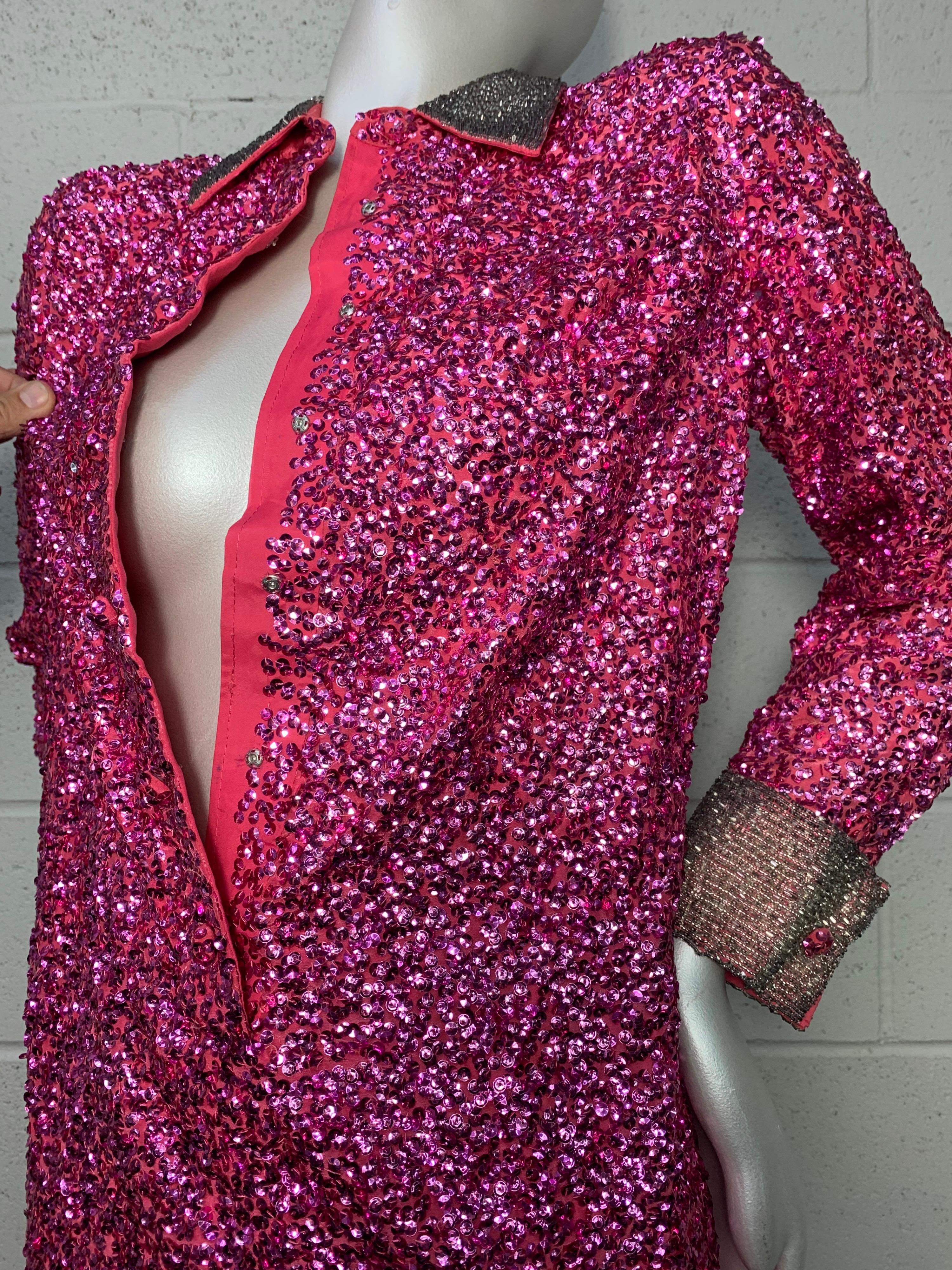 1960s Vivid Fuchsia Sequined Mod Mini Dress w/ Silver Beaded Collar and Cuffs For Sale 6
