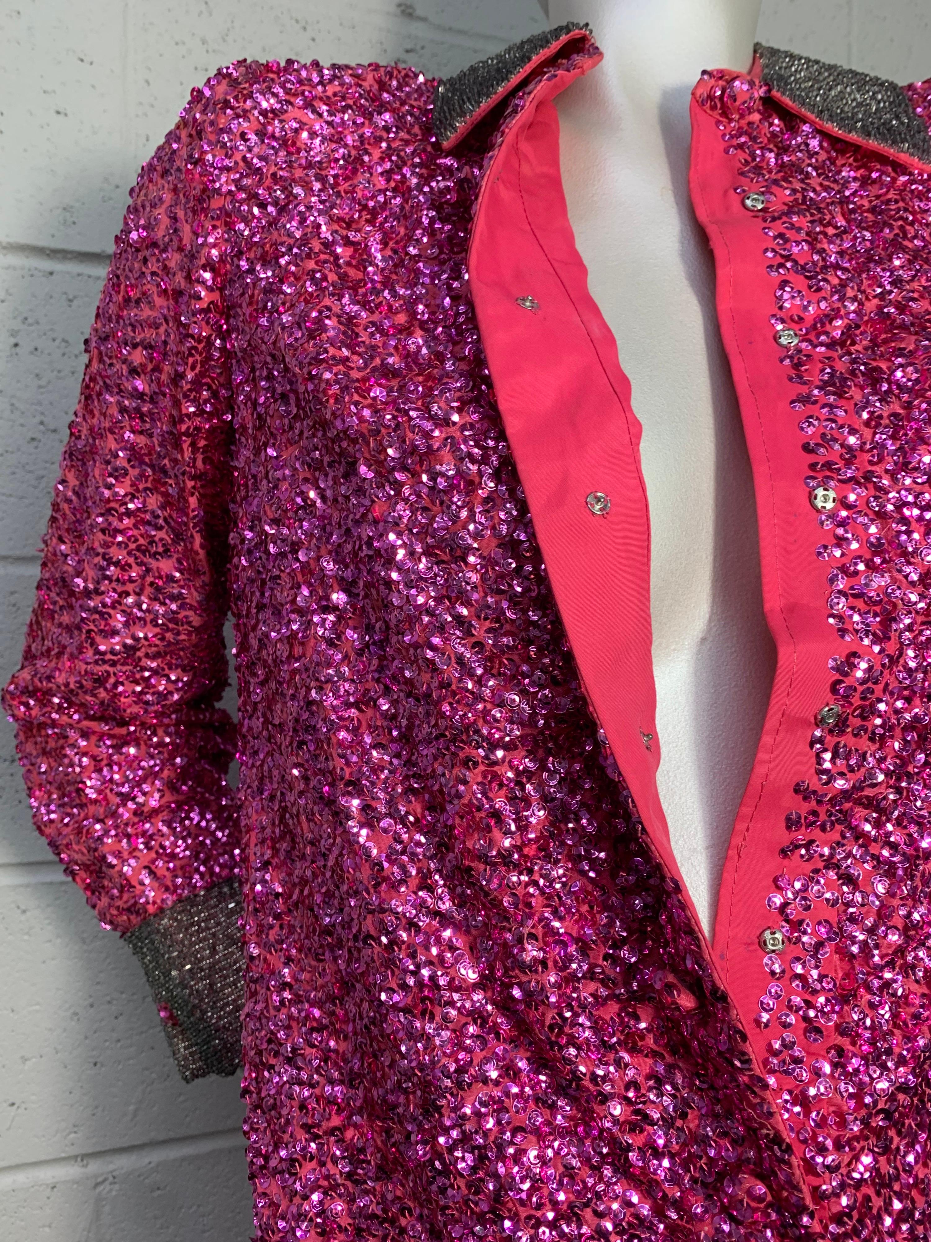 1960s Vivid Fuchsia Sequined Mod Mini Dress w/ Silver Beaded Collar and Cuffs For Sale 8