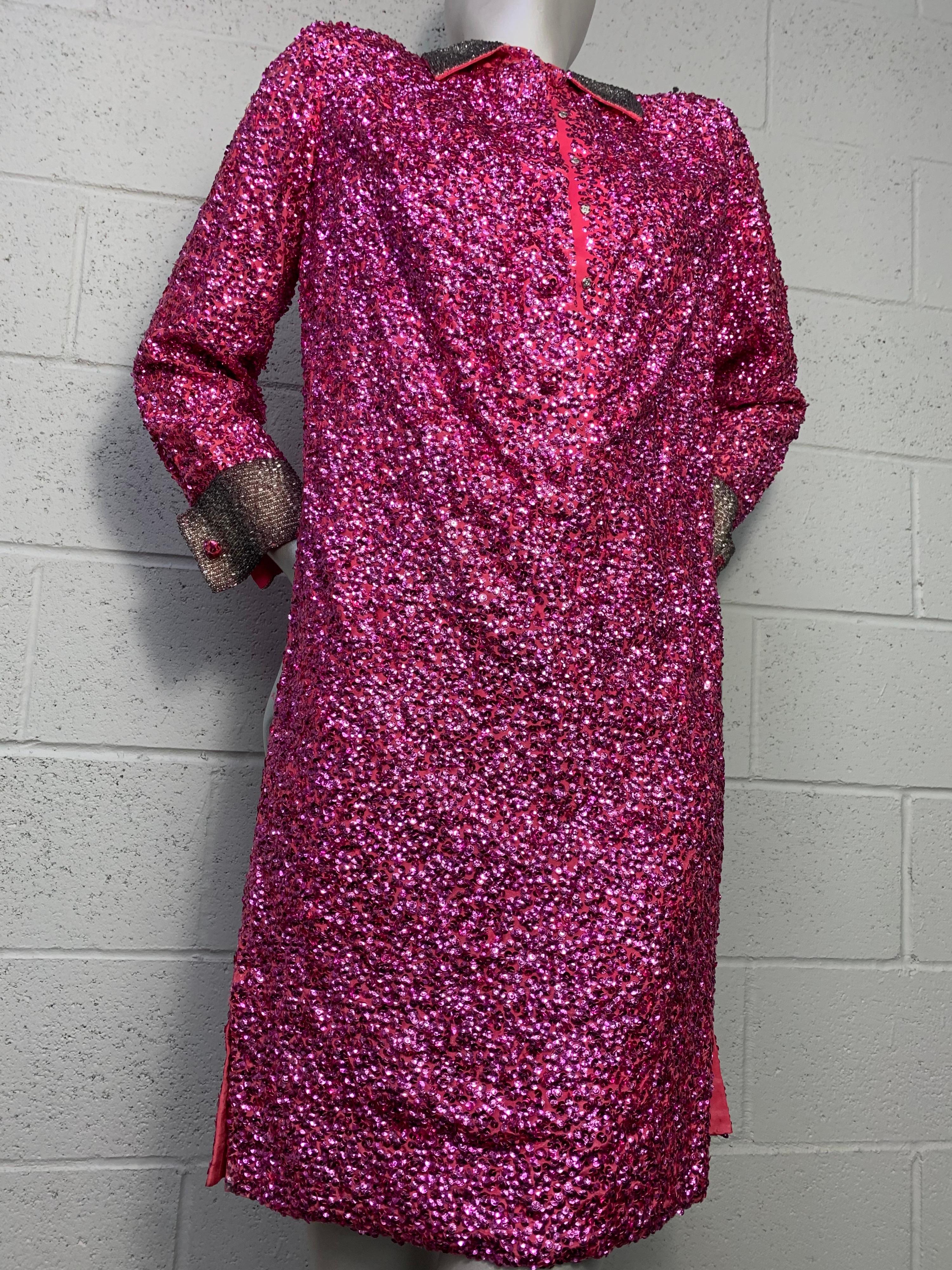 1960s Vivid Fuchsia Sequined Mod Mini Dress w/ Silver Beaded Collar and Cuffs For Sale 11